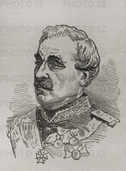 Charles Cousin-Montauban (1796-1878), 1st Count of Palikao. French general and statesman. Portrait. Engraving. ""Historia de la Guerra de Francia y Prusia"" (History of the War between France and Prussia). Volume I. Published in Barcelona, 1870.
