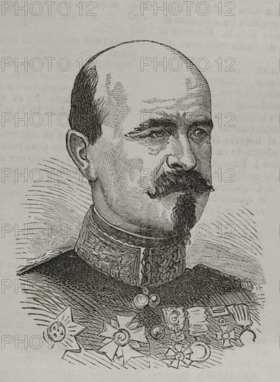 Louis-Jules Trochu (1815-1896). French general and politician. Portrait. Engraving. ""Historia de la Guerra de Francia y Prusia"" (History of the War between France and Prussia). Volume I. Published in Barcelona, 1870.