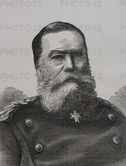 Eduard Vogel von Falckenstein (1797-1885). Prussian infantry general. Portrait. Engraving. ""Historia de la Guerra de Francia y Prusia"" (History of the War between France and Prussia). Volume I. Published in Barcelona, 1870.