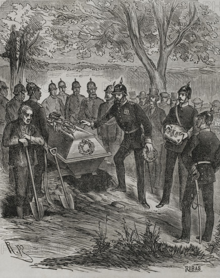Franco-Prussian War (1870-1871). Burial of the French General Abel Douay (1809-1870) by Prussian troops in Sarreguemines on 7 August 1870. Engraving by Ribas. ""Historia de la Guerra de Francia y Prusia"" (History of the War between France and Prussia). Volume I. Published in Barcelona, 1870.