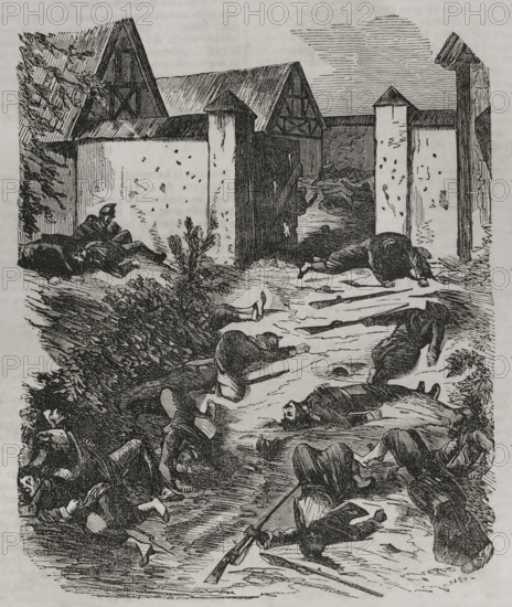 Franco-Prussian War (1870-1871). Battle of Wissembourg, 4 August 1870. Capture of Wissembourg by Prussian troops. Entrance to the Geisberg Castle on 4 August 1870. Engraving. ""Historia de la Guerra de Francia y Prusia"" (History of the War between France and Prussia). Volume I. Published in Barcelona, 1870.