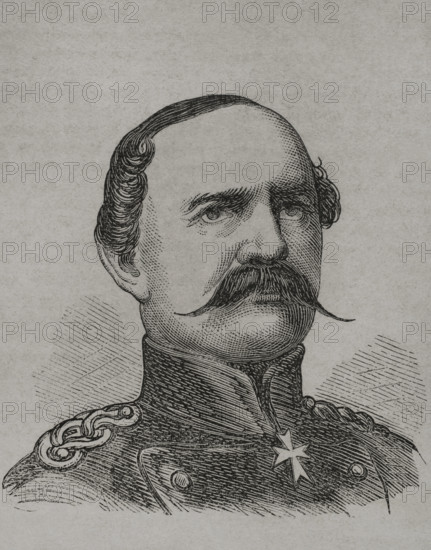 Prince August of Wurttemberg (Friedrich August Eberhard von Wurttemberg) (1813-1885). Prussian Colonel General of the Cavalry with the rank of Generalfeldmarschall and Kommandierender General of the Guards Corps. Prince of Wurttemberg. Portrait. Engraving. ""Historia de la Guerra de Francia y Prusia"" (History of the War between France and Prussia). Volume I. Published in Barcelona, 1870.