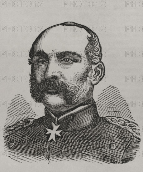 Hugo von Kirchbach (Hugo Ewald Graf von Kirchbach) (1809-1887). Prussian general who led the Prussian V Corps during the Franco-Prussian War. Portrait. Engraving. ""Historia de la Guerra de Francia y Prusia"" (History of the War between France and Prussia). Volume I. Published in Barcelona, 1870.