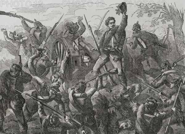 Franco-Prussian War (1870-1871). Battle of Worth, 6 August 1870. Prussian troops commanded by Crown Prince Frederick William, and led by General Leonhard Graf von Blumenthal (1810-1900), defeated the French under Marshal MacMahon (1808-1893) near the village of Woerth in Alsace. Capture of a French mitrailleuse by a company of the 2nd Hessian Infantry Regiment, Nr. 82, XI Prussian Army Corps. Illustration based on a sketch of a wounded officer. Engraving by Capuz. ""Historia de la Guerra de Francia y Prusia"" (History of the War between France and Prussia). Volume I. Published in Barcelona, 1870.