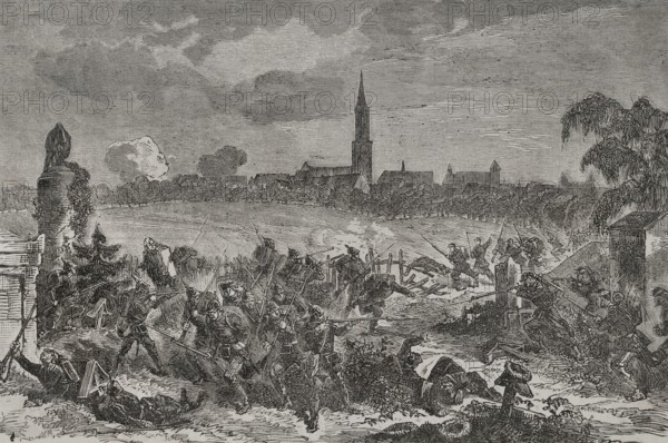 Franco-Prussian War (1870-1871). Siege of Strasbourg (15 August-28 September 1870). Combat between the French garrison of Strasbourg and the Prussian troops encamped at the Sainte-Helene Cemetery. Engraving. ""Historia de la Guerra de Francia y Prusia"" (History of the War between France and Prussia). Volume I. Published in Barcelona, 1870.