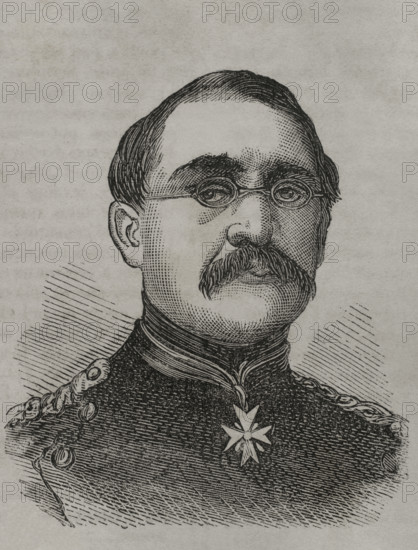 August Karl von Goeben (1816-1880). Prussian general. He was awarded the Grand Cross of the Iron Cross in 1870 for his service in the Franco-Prussian War. Portrait. Engraving. ""Historia de la Guerra de Francia y Prusia"" (History of the War between France and Prussia). Volume I. Published in Barcelona, 1870.