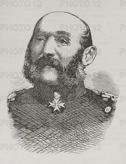 Gustav von Manstein (Albert Ehrenreich Gustav von Manstein) (1805-1877). Prussian general. Portrait. Engraving. ""Historia de la Guerra de Francia y Prusia"" (History of the War between France and Prussia). Volume I. Published in Barcelona, 1870.