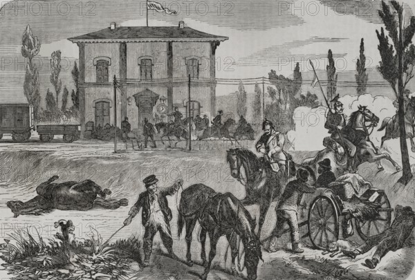 Franco-Prussian War (1870-1871). The Germans at Courcelles, according to a sketch by O. Fikentscher. Engraving. ""Historia de la Guerra de Francia y Prusia"" (History of the War between France and Prussia). Volume I. Published in Barcelona, 1870.