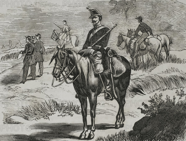 French Army. Chasseurs d'Afrique. Light cavalry corps in the French Army of Africa (Armee d'Afrique). It was created in 1831 by the French regular cavalry posted to Algeria. For most of its history, members of the unit were recruited from either French volunteers or French settlers in North Africa doing their military service. Chasseur d'Afrique. Engraving. ""Historia de la Guerra de Francia y Prusia"" (History of the War between France and Prussia). Volume I. Published in Barcelona, 1870.