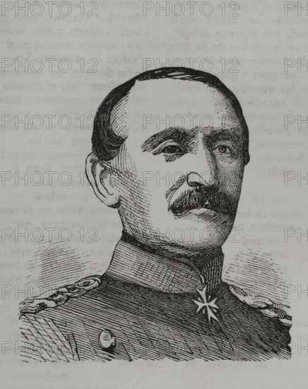 Constantin von Alvensleben (Reimar Constantin von Alvensleben) (1809-1892). Prussian general who led the Prussian III Corps during the Franco-Prussian War. Portrait. Engraving. ""Historia de la Guerra de Francia y Prusia"" (History of the War between France and Prussia). Volume I. Published in Barcelona, 1870.