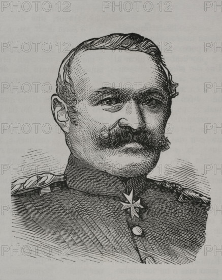 Julius von Bose (Friedrich Julius Wilhelm Graf von Bose) (1809-1894). Prussian general who led the Prussian XI Corps during the Franco-Prussian War. Portrait. Engraving. ""Historia de la Guerra de Francia y Prusia"" (History of the War between France and Prussia). Volume I. Published in Barcelona, 1870.