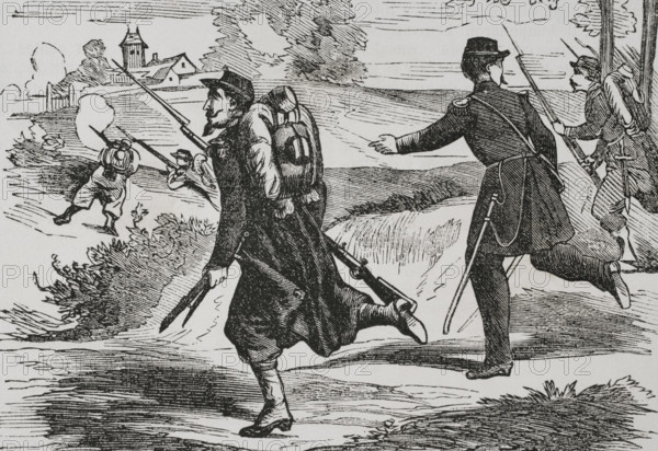 Franco-Prussian War (1870-1871). French army. Light infantry wearing field uniform. Engraving. ""Historia de la Guerra de Francia y Prusia"" (History of the War between France and Prussia). Volume I. Published in Barcelona, 1870.