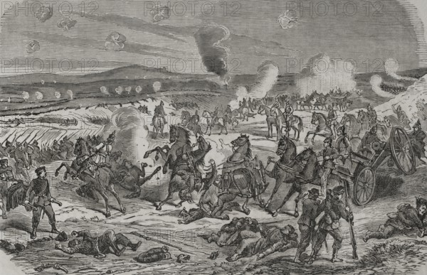 Franco-Prussian War (1870-1871). Battle of Sedan (1-2 September 1870). The Prussian army defeated and captured the entire French army, including Emperor Napoleon III who took part in the battle and surrendered his army. Position of the Prussian guard near Givonne, based on a drawing by A. Beck. Illustration by T. Padro. Engraving by Sadurni. ""Historia de la Guerra de Francia y Prusia"" (History of the War between France and Prussia). Volume I. Published in Barcelona, 1870.