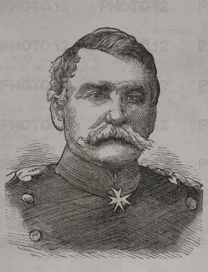 Gustav von Alvensleben (1803-1881). Prussian general. Portrait. Engraving. ""Historia de la Guerra de Francia y Prusia"" (History of the War between France and Prussia). Volume I. Published in Barcelona, 1870.