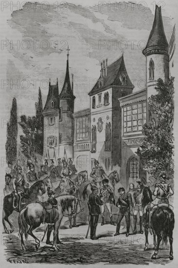 Franco-Prussian War. Napoleon III surrendering to King Wilhelm I of Prussia after being defeated. 2 September 1870. Illustration by T. Padro. Engraving by Sadurni. ""Historia de la Guerra de Francia y Prusia"" (History of the War between France and Prussia). Volume I. Published in Barcelona, 1870.