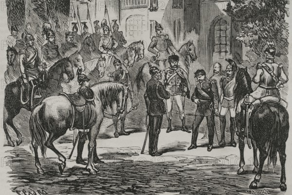Franco-Prussian War. Napoleon III surrendering to King Wilhelm I of Prussia after being defeated. 2 September 1870. Illustration by T. Padro. Engraving by Sadurni. ""Historia de la Guerra de Francia y Prusia"" (History of the War between France and Prussia). Volume I. Published in Barcelona, 1870.