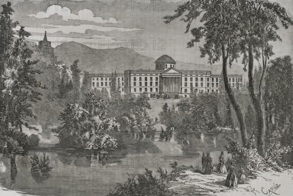 Wilhelmshohe Palace, at the Prussian city of Kassel. General view. After being taken prisoner at the Battle of Sedan, Napoleon III was placed under house arrest in the palace, where he arrived on 5 September 1870, remaining there until 19 March 1871, when he left for exile in England. Engraving by Capuz. ""Historia de la Guerra de Francia y Prusia"" (History of the War between France and Prussia). Volume I. Published in Barcelona, 1870.