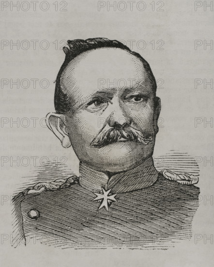 Eduard von Fransecky (Eduard Friedrich Karl von Fransecky) (1807-1890). Prussian general. Portrait. Engraving. ""Historia de la Guerra de Francia y Prusia"" (History of the War between France and Prussia). Volume I. Published in Barcelona, 1870.