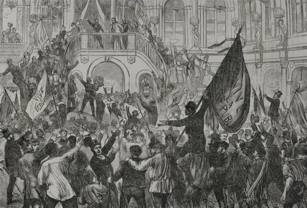 History of France. On Sunday 4 September 1870, Leon Gambetta (1838-1882), member of the government of National Defence, proclaimed the French Third Republic in the Place de l'Hitel-de-Ville in Paris, following the fall of the Second Empire after the defeat of Sedan, the capture of Napoleon III and the clamour of the Parisian people and the republicans. Proclamation of the French Republic in Paris. Engraving by Ribas. ""Historia de la Guerra de Francia y Prusia"" (History of the War between France and Prussia). Volume I. Published in Barcelona, 1870.