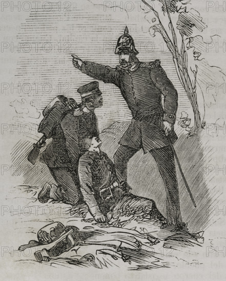 Franco-Prussian War (1870-1871). Prussian Military Medical Corps doctor. Engraving. ""Historia de la Guerra de Francia y Prusia"" (History of the War between France and Prussia). Volume I. Published in Barcelona, 1870.