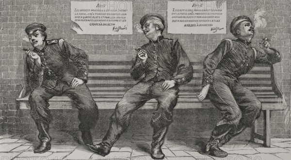 Franco-Prussian War (1870-1871). Prussian army. Bavarian officers smoking during a break. Engraving. ""Historia de la Guerra de Francia y Prusia"" (History of the War between France and Prussia). Volume I. Published in Barcelona, 1870.