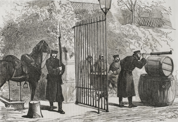 Franco-Prussian War (1870-1871). Prussian outpost in the French town of Saint-Cloud. Engraving by Capuz. ""Historia de la Guerra de Francia y Prusia"" (History of the War between France and Prussia). Volume I. Published in Barcelona, 1870.