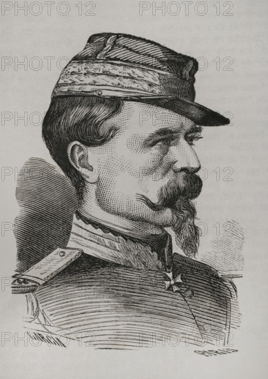 Antoine Chanzy (Antoine Alfred Eugene Chanzy) (1823-1883). French general. Portrait. Illustration by Garcia. Engraving by Paris. ""Historia de la Guerra de Francia y Prusia"" (History of the War between France and Prussia). Volume I. Published in Barcelona, 1870.