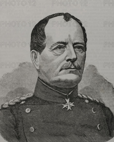August von Werder (1808-1888). Prussian general. Portrait. Engraving. ""Historia de la Guerra de Francia y Prusia"" (History of the War between France and Prussia). Volume I. Published in Barcelona, 1870.