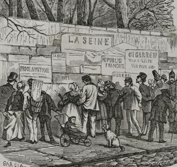 Franco-Prussian War (1870-1871). France. Siege of Paris (19 September 1870 to 28 January 1871). People reading notices on the corner of the Prefecture of Versailles. Drawing by Garcia. Engraving by Sierra. ""Historia de la Guerra de Francia y Prusia"" (History of the War between France and Prussia). Volume II. Published in Barcelona, 1871.