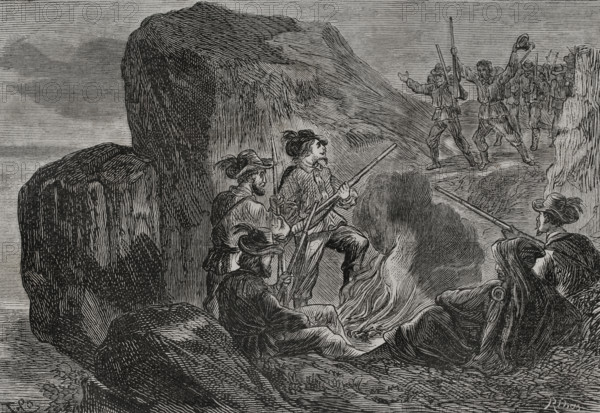 Franco-Prussian War (1870-1871). Army of the Vosges (October 1870-March 1871). Volunteer troops under the command of Giuseppe Garibaldi, formed to defend the road to Lyon against the Prussian army during the Franco-Prussian war. Garibaldian bivouac at the Vosges. Engraving by Ribas. ""Historia de la Guerra de Francia y Prusia"" (History of the War between France and Prussia). Volume I. Published in Barcelona, 1870.