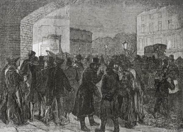 Franco-Prussian War (1870-1871). France. Aspect of the city of Marseille on receiving telegrams with news of the disasters at Sedan. Engraving by Ovejero. ""Historia de la Guerra de Francia y Prusia"" (History of the War between France and Prussia). Volume I. Published in Barcelona, 1870.
