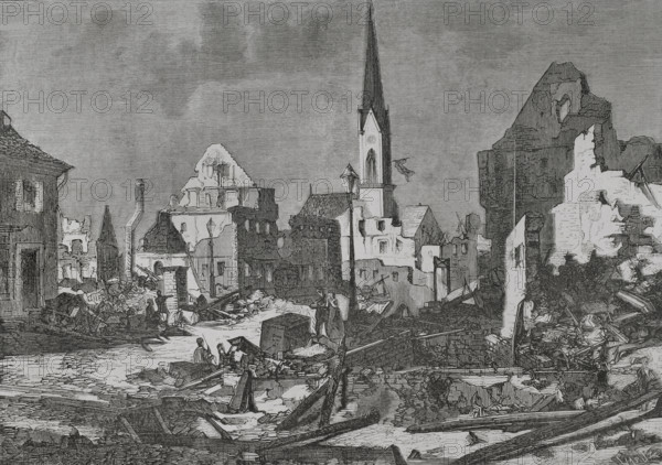 Franco-Prussian War (1870-1871). The main street of the town of Kehl, opposite Strasbourg, after its bombardment by French artillery. Engraving by Capuz. ""Historia de la Guerra de Francia y Prusia"" (History of the War between France and Prussia). Volume I. Published in Barcelona, 1870.