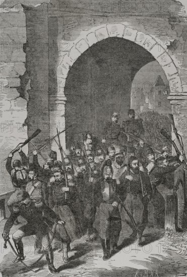 Franco-Prussian War (1870-1871). Siege of Strasbourg (15 August-28 September 1870). On 27 September General Uhrich, commanding the French garrison in the city, began negotiations with the Prussian General August von Werder. The next day Strasbourg surrendered. The Strasbourg garrison throwing their arms after the capitulation. Engraving. ""Historia de la Guerra de Francia y Prusia"" (History of the War between France and Prussia). Volume I. Published in Barcelona, 1870.