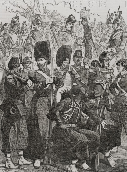 French army uniforms in 1870. Engraving. ""Historia de la Guerra de Francia y Prusia"" (History of the War between France and Prussia). Volume I. Published in Barcelona, 1870.
