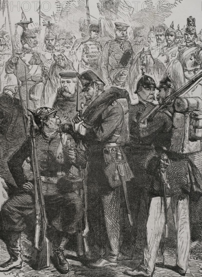 Prussian army uniforms in 1870. Engraving. ""Historia de la Guerra de Francia y Prusia"" (History of the War between France and Prussia). Volume I. Published in Barcelona, 1870.