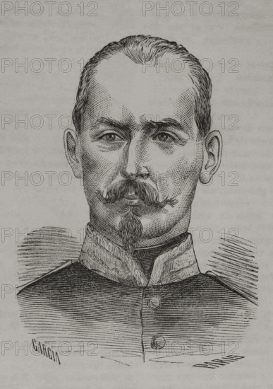 Camille Cremer (1840-1876). French divisionary general in the Franco-Prussian War. Portrait. Drawing by Garcia. Engraving by Paris. ""Historia de la Guerra de Francia y Prusia"" (History of the War between France and Prussia). Volume I. Published in Barcelona, 1870.