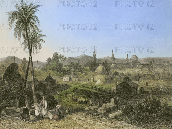 Damascus. Engraving by Ransonnette. Later colouration. ""La Tierra Santa y los lugares recorridos por los profetas, por los apostoles y por los cruzados"" (The Holy Land and the sites traversed by the prophets, by the apostles and by the crusaders). Published in Barcelona by the printing house of Joaquin Verdaguer, 1840.