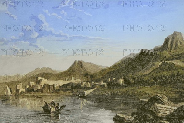 Cyprus. Engraving by Ransonnette. Later colouration. ""La Tierra Santa y los lugares recorridos por los profetas, por los apostoles y por los cruzados"" (The Holy Land and the sites traversed by the prophets, by the apostles and by the crusaders). Published in Barcelona by the printing house of Joaquin Verdaguer, 1840.