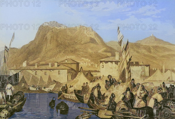 Greece. Corinth, Port of Kenkries. Engraving by Aubert. Later colouration. ""La Tierra Santa y los lugares recorridos por los profetas, por los apostoles y por los cruzados"" (The Holy Land and the sites traversed by the prophets, by the apostles and by the crusaders). Published in Barcelona by the printing house of Joaquin Verdaguer, 1840.