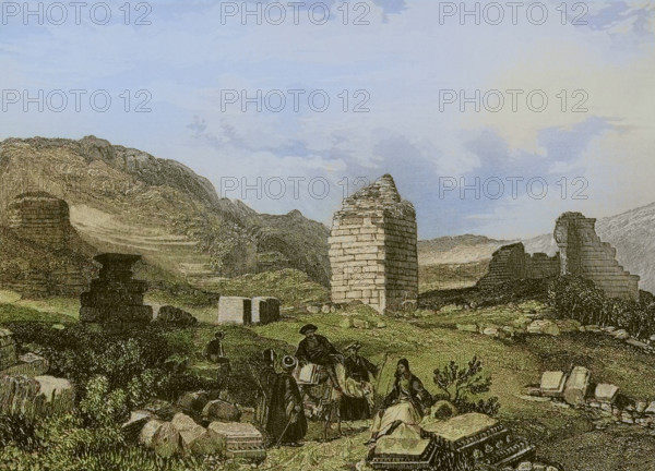 Ephesus. Engraving by Aubert. Later colouration. ""La Tierra Santa y los lugares recorridos por los profetas, por los apostoles y por los cruzados"" (The Holy Land and the sites traversed by the prophets, by the apostles and by the crusaders). Published in Barcelona by the printing house of Joaquin Verdaguer, 1840.