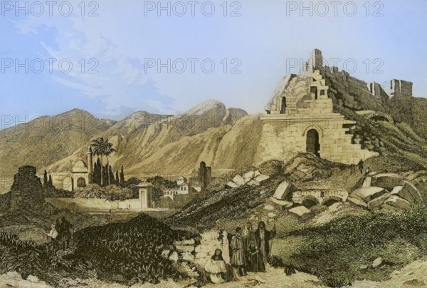 Miletus. Engraving by Aubert. Later colouration. ""La Tierra Santa y los lugares recorridos por los profetas, por los apostoles y por los cruzados"" (The Holy Land and the sites traversed by the prophets, by the apostles and by the crusaders). Published in Barcelona by the printing house of Joaquin Verdaguer, 1840.