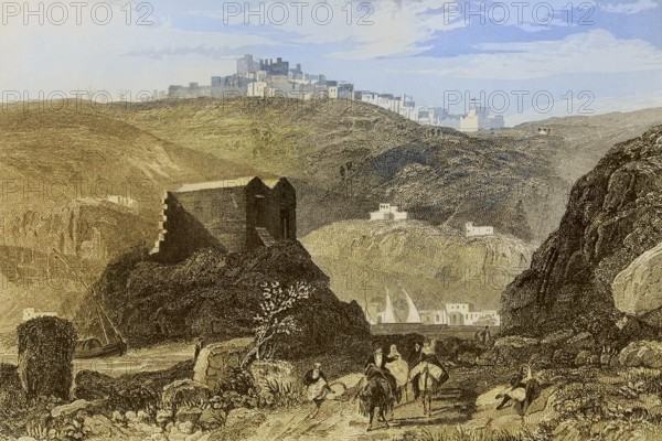 Patmos. Engraving by Aubert. Later colouration. ""La Tierra Santa y los lugares recorridos por los profetas, por los apostoles y por los cruzados"" (The Holy Land and the sites traversed by the prophets, by the apostles and by the crusaders). Published in Barcelona by the printing house of Joaquin Verdaguer, 1840.