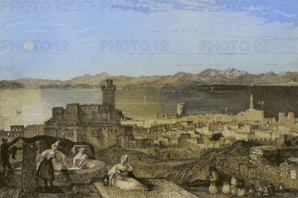 Island of Rhodes. Rhodes. Engraving by Leonce Lhuillier. Later colouration. ""La Tierra Santa y los lugares recorridos por los profetas, por los apostoles y por los cruzados"" (The Holy Land and the sites traversed by the prophets, by the apostles and by the crusaders). Published in Barcelona by the printing house of Joaquin Verdaguer, 1840.