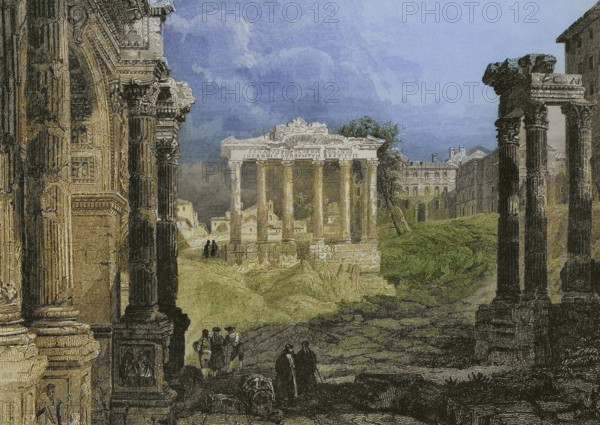 Roman Forum. Engraving by Leonce Lhuillier. Later colouration. ""La Tierra Santa y los lugares recorridos por los profetas, por los apostoles y por los cruzados"" (The Holy Land and the sites traversed by the prophets, by the apostles and by the crusaders). Published in Barcelona by the printing house of Joaquin Verdaguer, 1840.