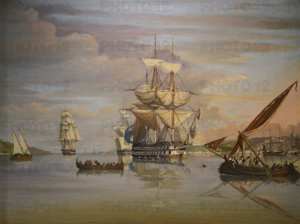 Portuguese Civil War (1828-1834). Naval Battle of Cape St. Vincent. Confrontation between the Liberal and Absolutist fleets on July 5, 1833. The Liberal fleet, commanded by the British officer Charles Napier, defeated Don Miguel's fleet. Admiral Napier aboard the ship of the line ""Rainha de Portugal"" in Lisbon, after his victory over the Absolutist fleet at Cape St. Vincent. Oil on canvas (46 x 61 cm) by M. Yarwood, ca. 1850. Maritime Museum. Lisbon, Portugal.