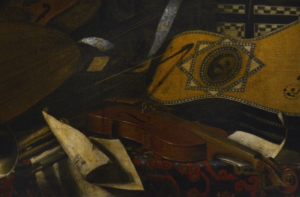 Bartolomeo Bettera (1639-1688). Italian painter. Still life with musical instruments. Oil on canvas. Detail. Ala Ponzone Civic Museum, Cremona, Italy.