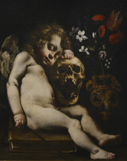Luigi Miradori, known as ""il Genovesino"" or ""il Genoese"" (ca. 1610-1656). Italian painter. Sleeping Cupid (Vanitas), ca. 1650. Oil on canvas. Ala Ponzone Civic Museum, Cremona, Italy.