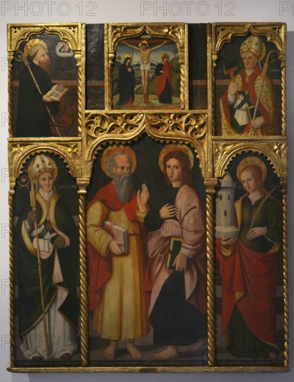 Agostino da Casanova. Italian painter documented in Liguria from 1523 to 1564. Polyptych. Lower part: Saint Eusebius, Simon the Zealot and John the Evangelist, and Saint Barbara. Upper part: Saint Anthony Abbot, Crucifixion of Christ and Saint Blaise. Oil on panel. Ala Ponzone Civic Museum, Cremona, Italy.