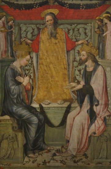 Bonifacio Bembo. Italian painter active from 1444 to 1478. Coronation of Christ and the Virgin by God the Father, 1467. Central panel of a canopy in the chapel of St. Anne in the Church of St. Augustine, Cremona. Tempera on panel. Ala Ponzone Civic Museum, Cremona, Italy.