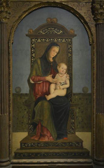 Filippo Mazzola (1460-ca. 1505). Italian painter. Virgin and Child on the throne. Detail of the central panel of a triptych. Tempera on board. Ala Ponzone Civic Museum, Cremona, Italy.